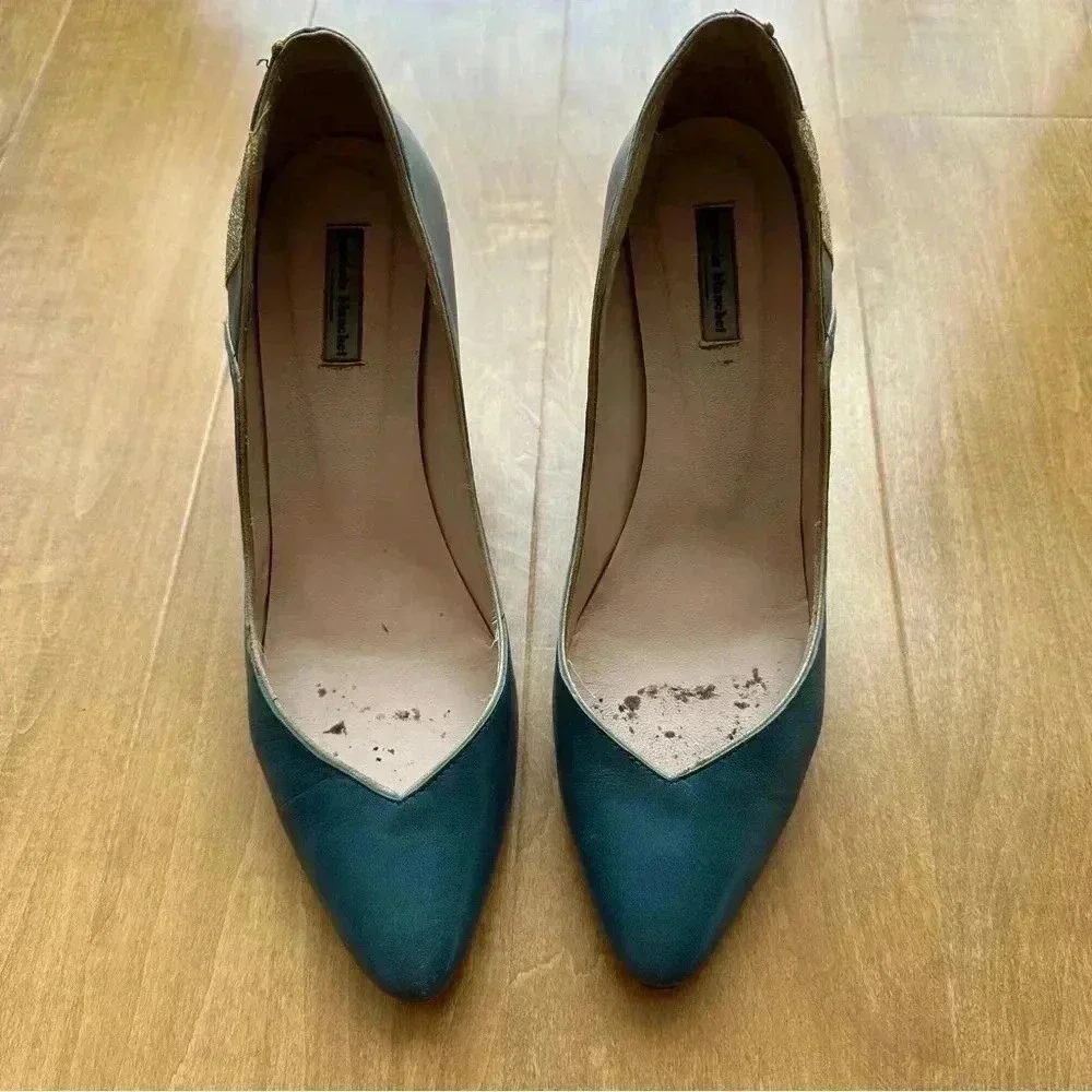 Patricia Blanchet Teal Leather Kitten Heels with Gold Glitter Spade, Size 8.5